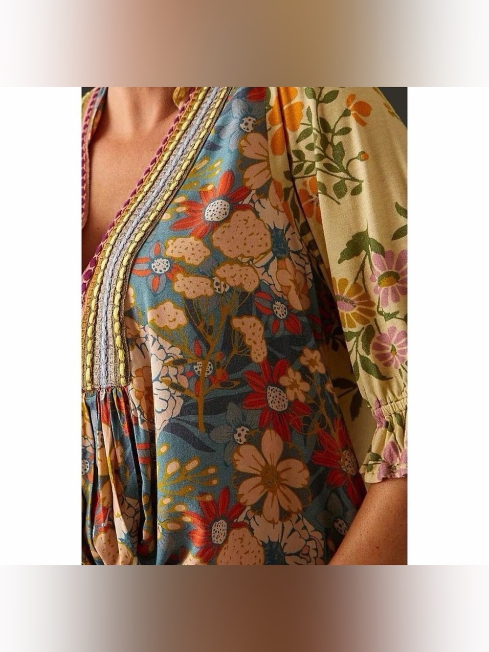 Bl^nk London x Anthropologie STEPHANIE medium Yellow Blue Floral V-Neck Top - Picture 3 of 13